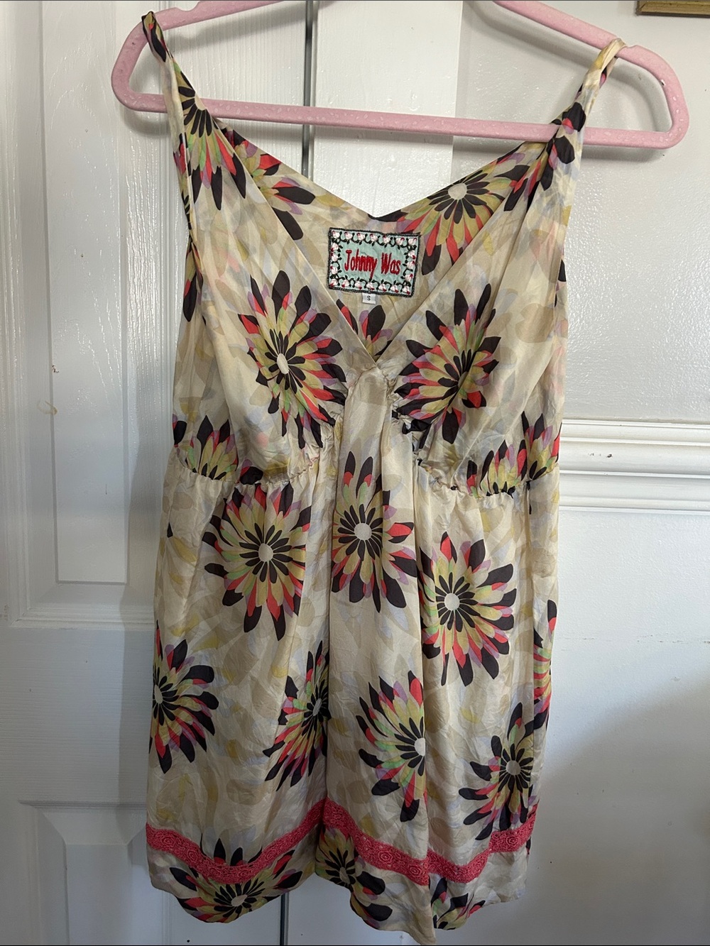 Johnny Was Cream Floral Silk Spaghetti-Strap Tunic with pink accents hippie